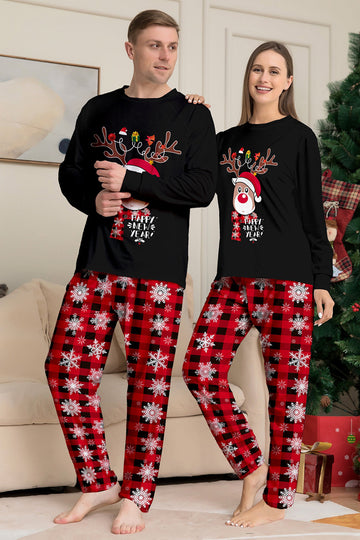 Noir Rouge Renne Flocon de Neige Imprimé Noël Famille Pyjama Assorti Ensemble